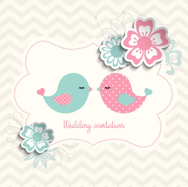 Hochzeitseinladung mit zwei Vögeln und Blumen, Illustration — Stockvektor