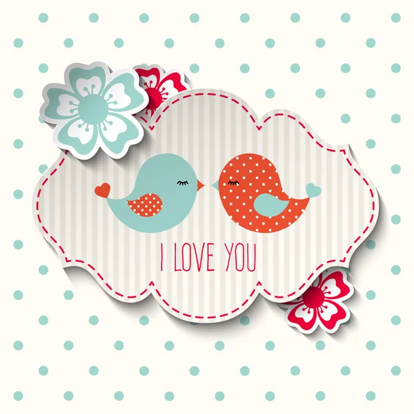 Two cute birds with flowers and text I love you, illustration — Stock Vector