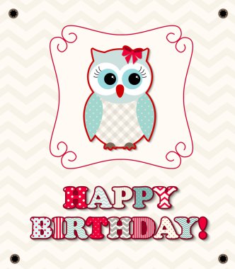 Renkli desenli harfleri, doğum günü kartı, illüstrasyon ile şirin baykuş