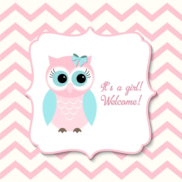 Baby shower for girls with pink owl, illustration — Stock Vector