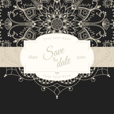 Düğün davetiye kartı ile resimde siyah arka plan üzerinde beyaz mandala
