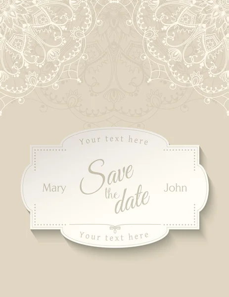 Tarjeta de invitación de boda con mandala blanco sobre fondo beige, ilustración — Archivo Imágenes Vectoriales