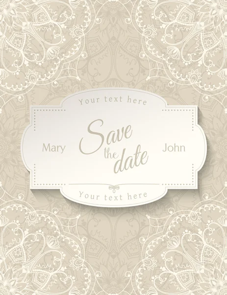 Cartão de convite de casamento com mandala branca no fundo bege, ilustração — Vetor de Stock