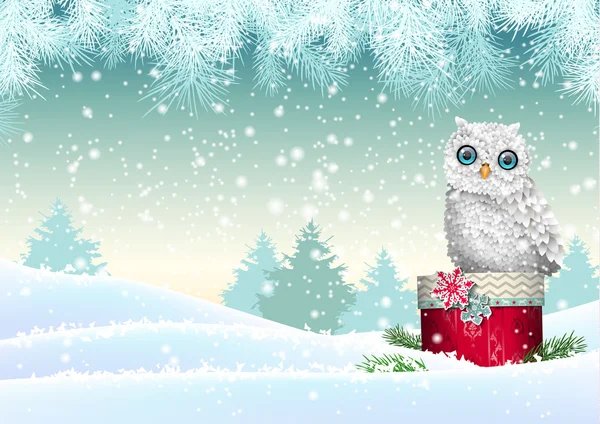 Christmas theme, white owl sitting on red gift box in snowy landscape, illustration — Stock Vector