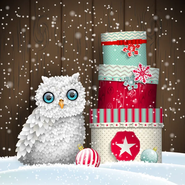 Cute white owl with stack of colorful christmas gift boxes, holiday theme, illustration — Stock Vector