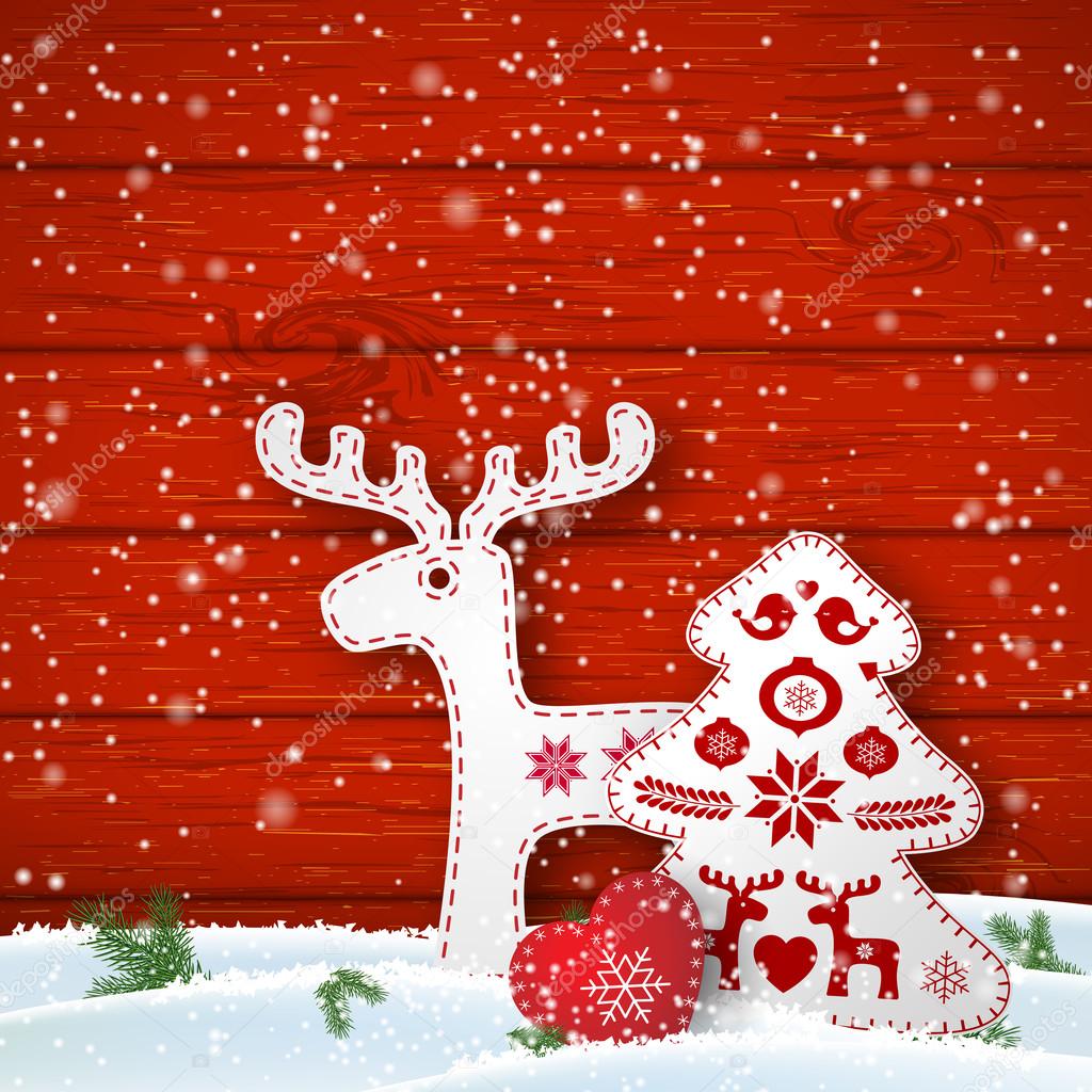 Christmas motive in scandinavian style, red and white folk decorations in front of wooden wall, illustration