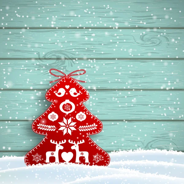 Boże Narodzenie dekoracje w stylu skandynawskim, bogaty czerwony urządzone drzewo przed niebieską ścianą drewnianą, ilustracja — Wektor stockowy