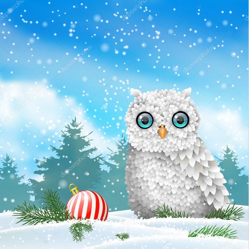 Holiday theme, white owl sitting in snow, with red christmas ball, illustration