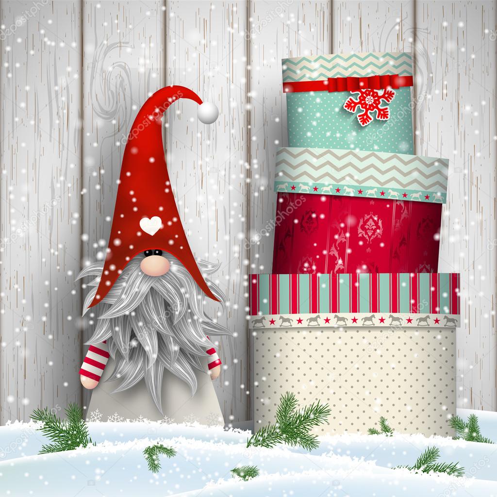 Scandinavian christmas traditional gnome, Tomte, with stack of colorful gift boxes, illustration