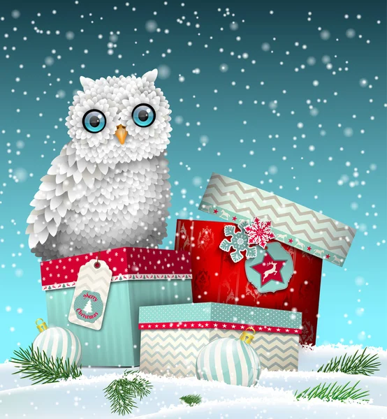 Christmas theme, white owl sitting on group of gift boxes in snowy landscape, illustration — Stock Vector