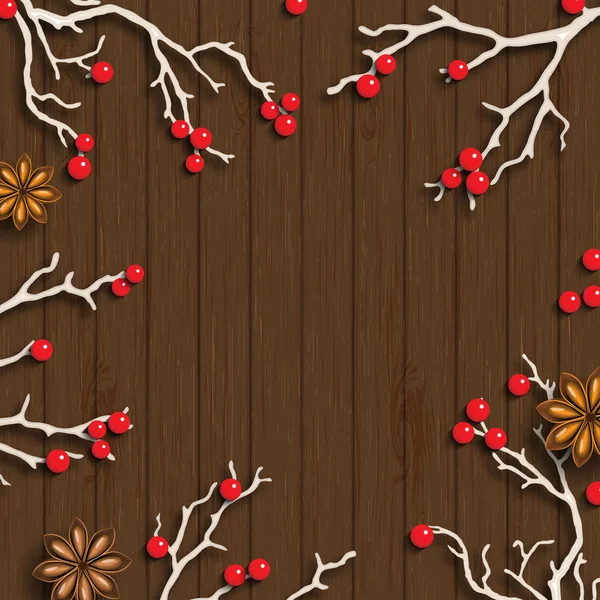 Fond de Noël dans un style rustique, branches blanches avec des baies rouges sur bureau en bois brun, illustration — Image vectorielle