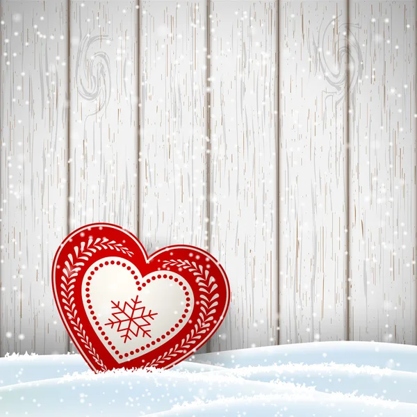 Χριστούγεννα κίνητρο σε σκανδιναβικό στιλ, κόκκινο και λευκό διακοσμημένο καρδιές μπροστά από φωτεινά ξύλινο τοίχο, εικονογράφηση — Διανυσματικό Αρχείο