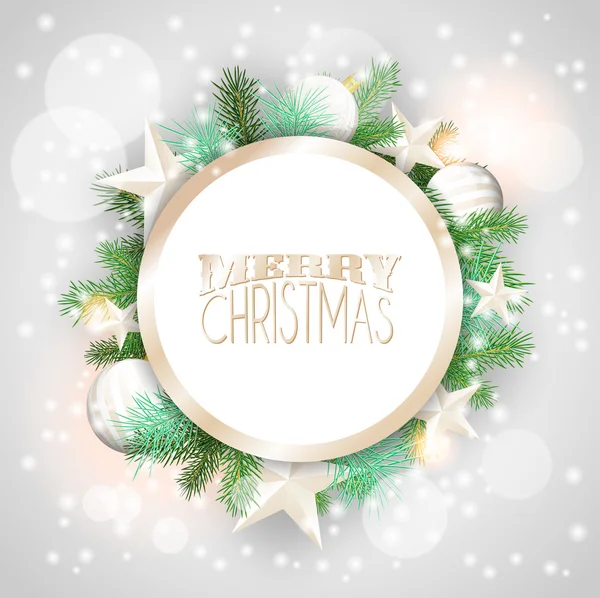 Weihnachten Hintergrund mit weißen Ornamenten und Zweigen — Stockvektor