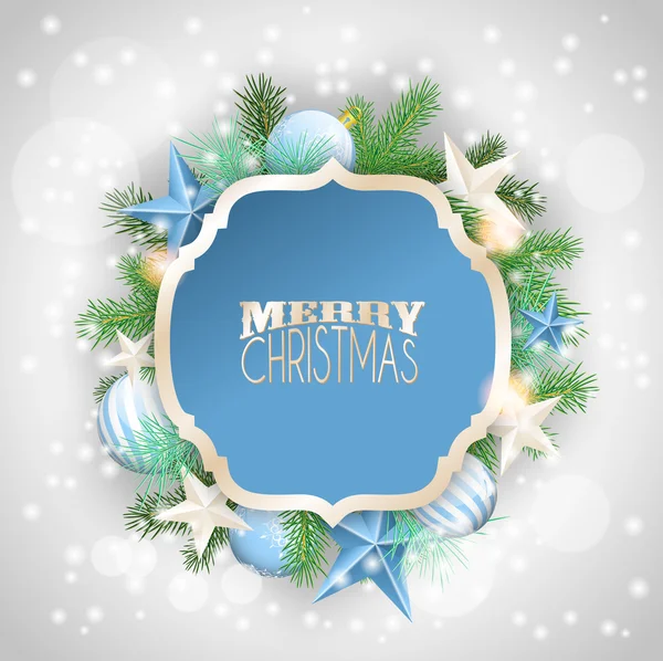 Fond de Noël avec des ornements et des branches bleus — Image vectorielle