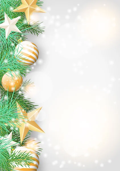 Sfondo natalizio con rami verdi e ornamenti gialli — Vettoriale Stock