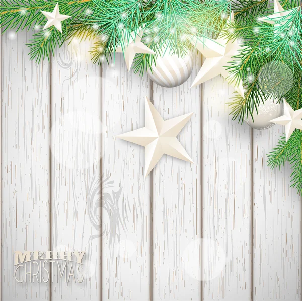 Kerstmis achtergrond met groene takken en gele versieringen — Stockvector