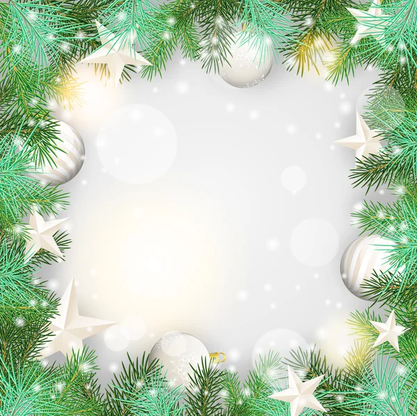 Boże Narodzenie tło z zielonymi gałązkami i białym ozdoby — Wektor stockowy