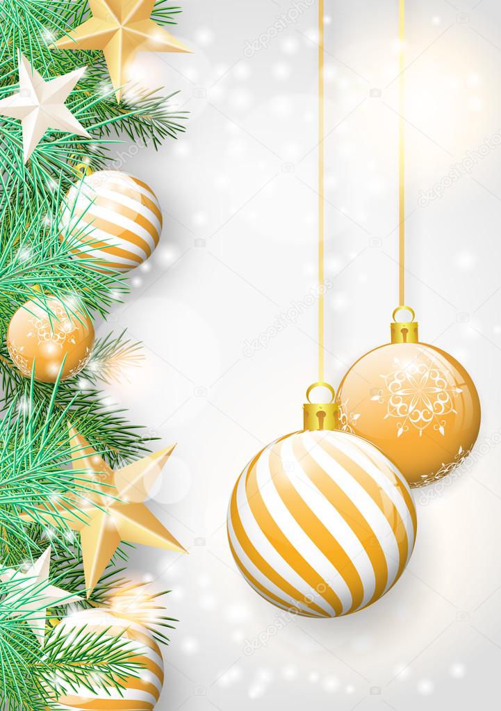 Christmas background with green branches and yellow ornaments