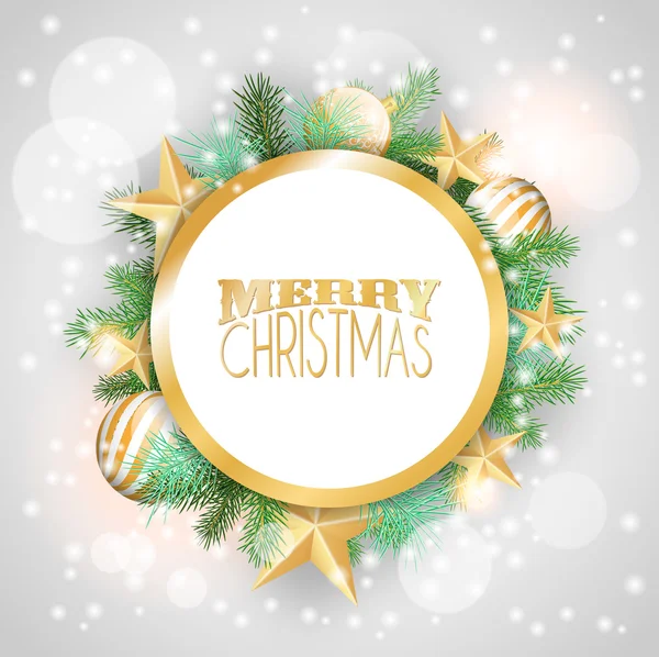 Christmas background with yellow ornaments and branches — Stock Vector