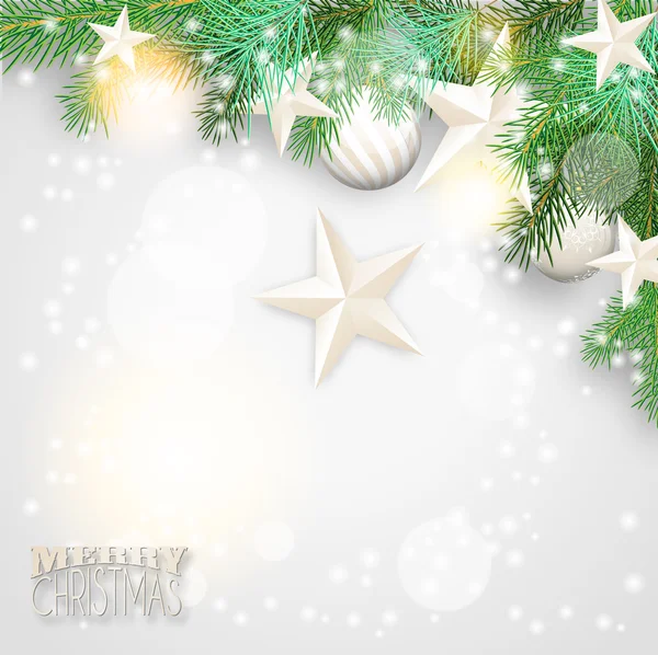 Fond de Noël avec des branches et des ornements blancs — Image vectorielle