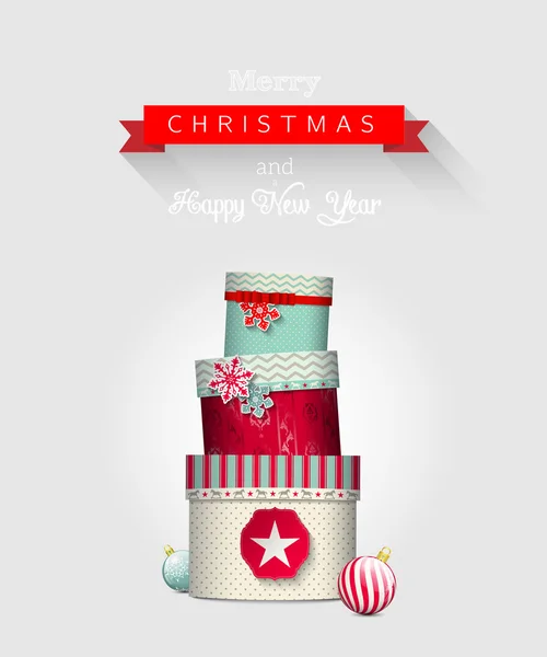 Vánoční přání s hromadou barevné giftboxes, ilustrace — Stockový vektor