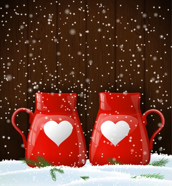 Red cups with white heart, winter theme, illustration — Stock Vector