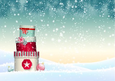 Renkli giftboxes, illüstrasyon yığını ile Noel arka plan