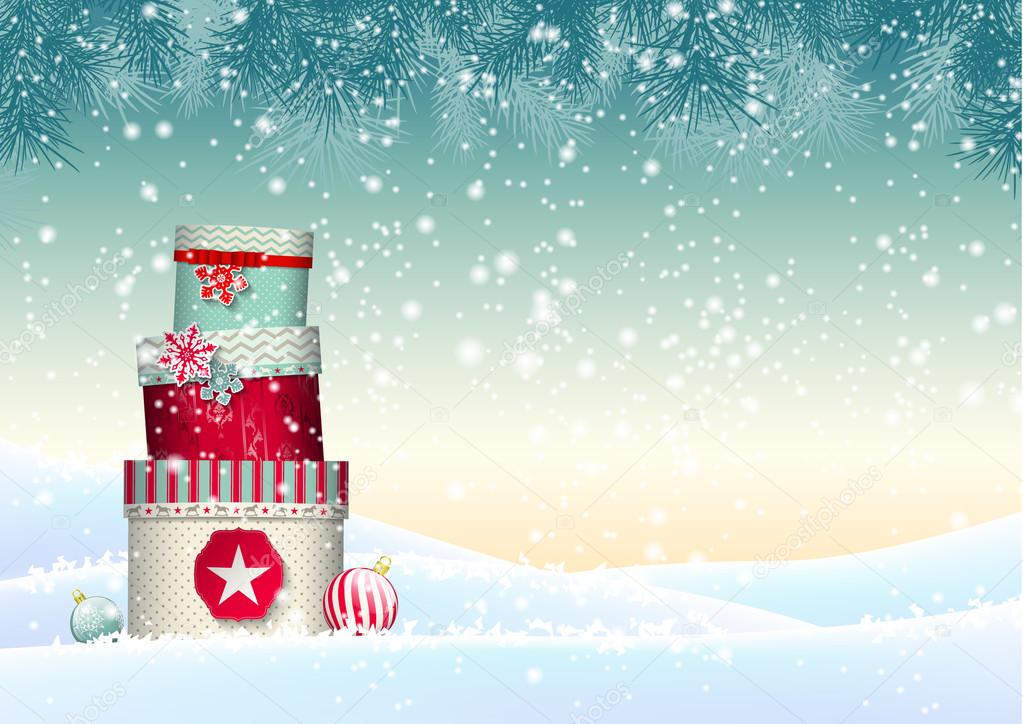 Christmas background with stack of colorful giftboxes, illustration