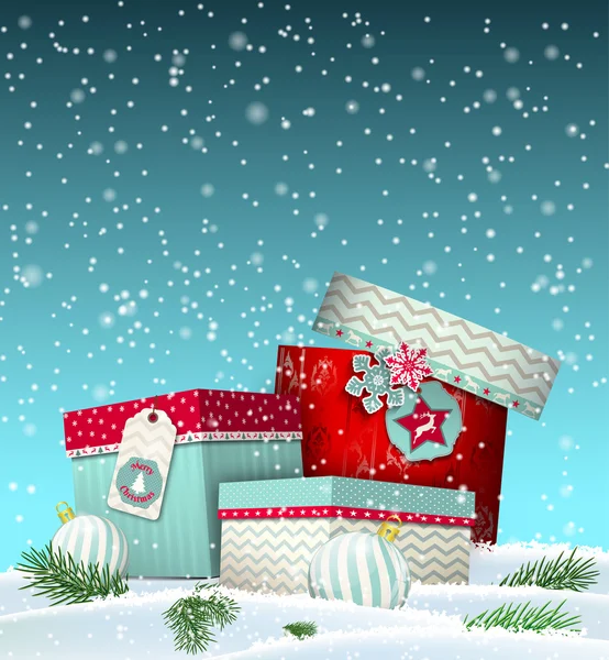 Tarjeta de felicitación de Navidad con caja de regalo en deriva de nieve, tema de invierno, ilustración — Vector de stock