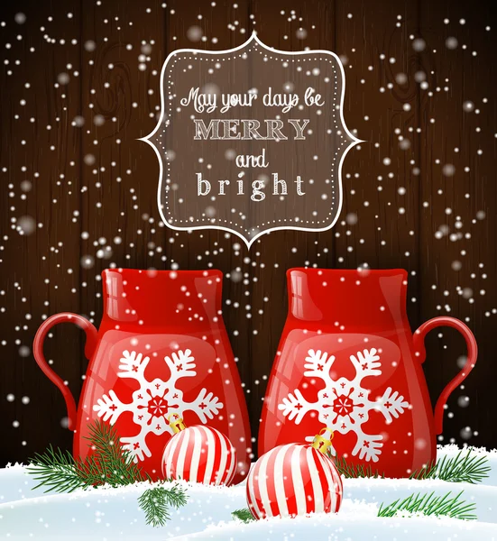 Due tazze rosse con fiocco di neve bianco, tema invernale, illustrazione Vettoriali Stock Royalty Free