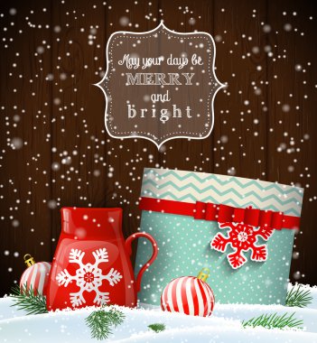 Noel tebrik kartı giftbox ve kırmızı çay fincanı, kış teması, illüstrasyon