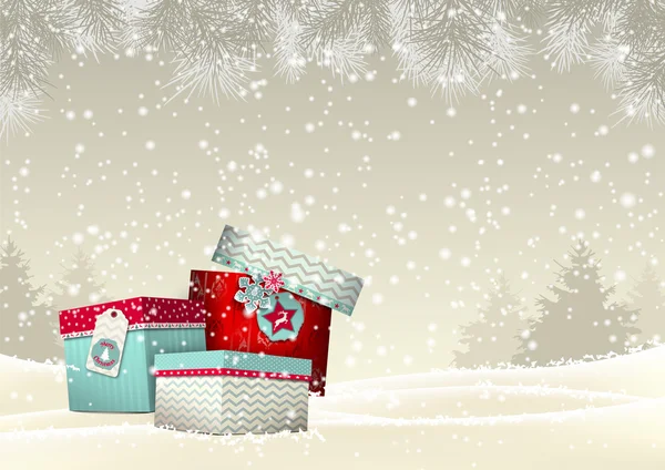 Χριστούγεννα φόντο με ομάδα πολύχρωμο giftboxes, εικονογράφηση — Διανυσματικό Αρχείο
