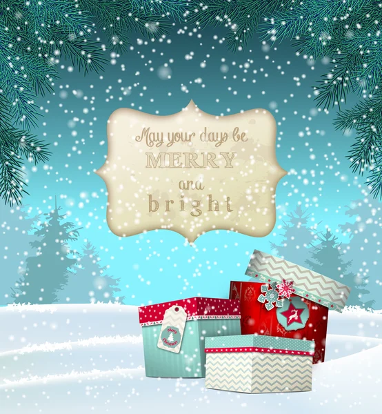 Tarjeta de felicitación de Navidad con cajas de regalo en deriva de nieve, tema de invierno, ilustración — Vector de stock