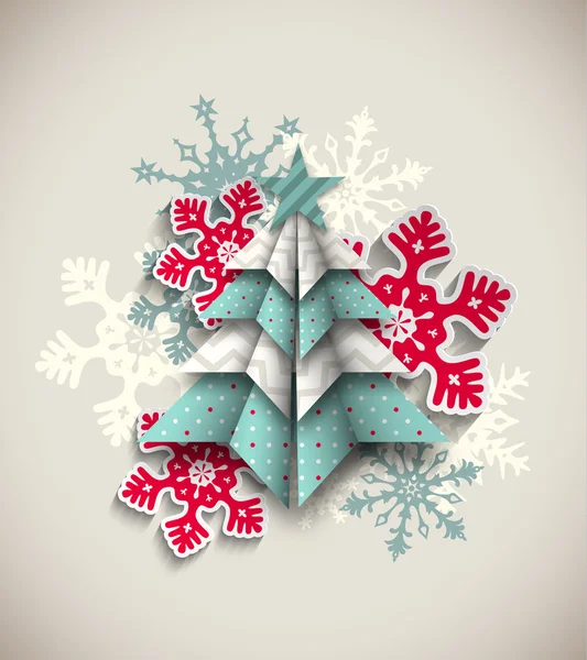 Abstraktní barevné origami strom s sněhové vločky, vánoční obrázek — Stockový vektor