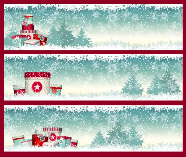 Τρία πανό Χριστούγεννα με goft κουτιά σε witer τοπίο, εικονογράφηση — Διανυσματικό Αρχείο