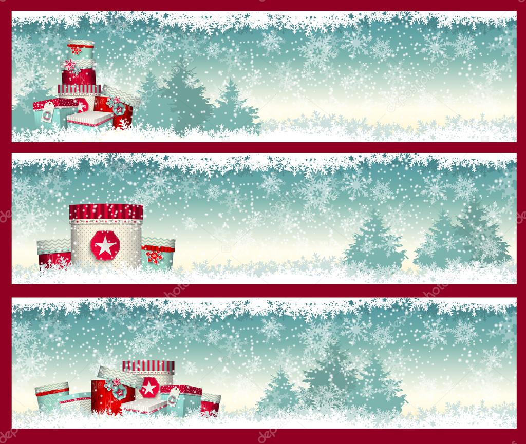 three christmas banners with goft boxes in witer landscape, illustration