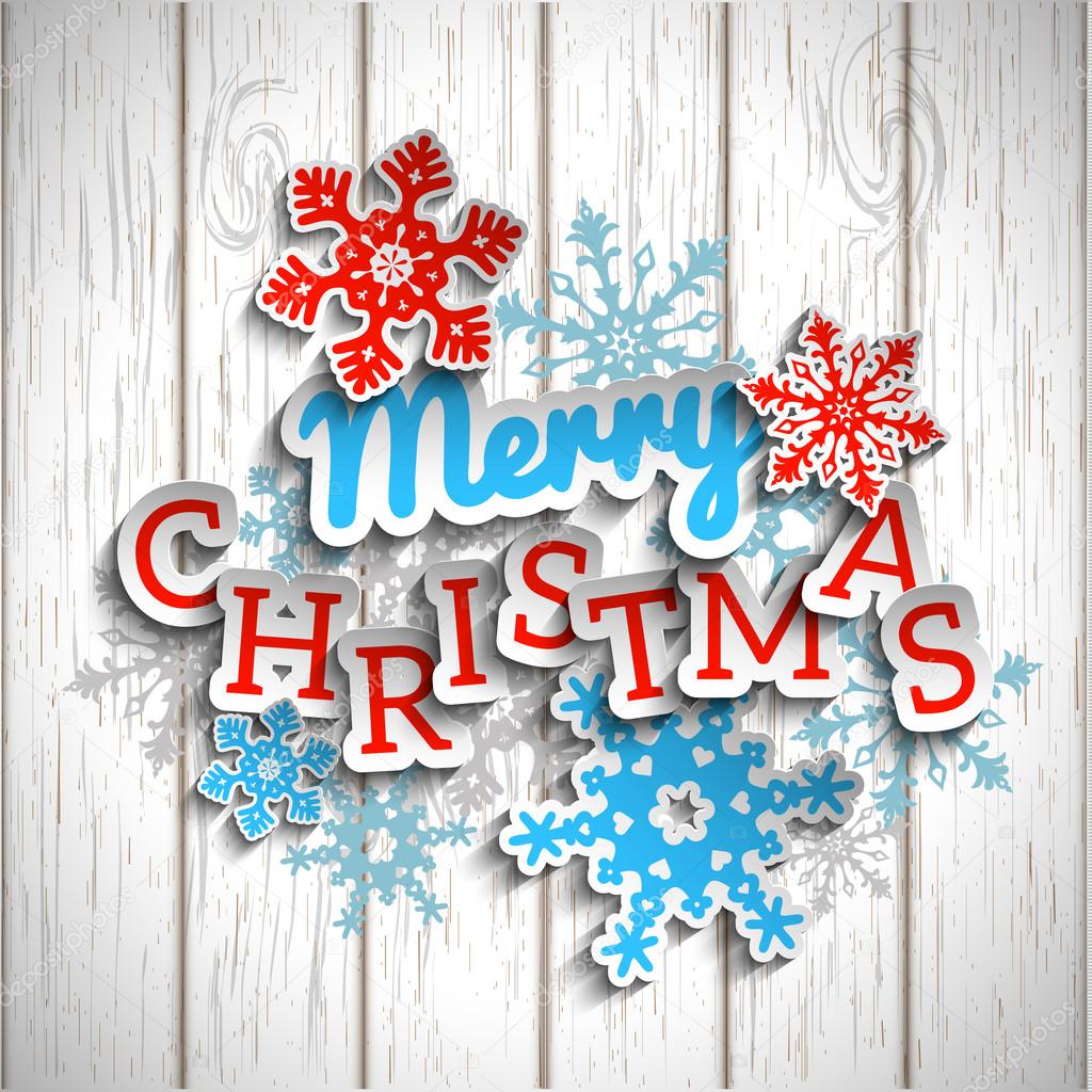 Colorful decorative text Merry Christmas on white wooden background, illustration