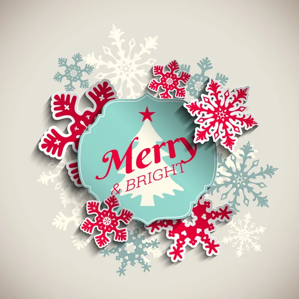 Karácsonyi üdvözlőlap, szöveg, vidám és élénk absztrakt hópelyhek, illusztráció — Stock Vector
