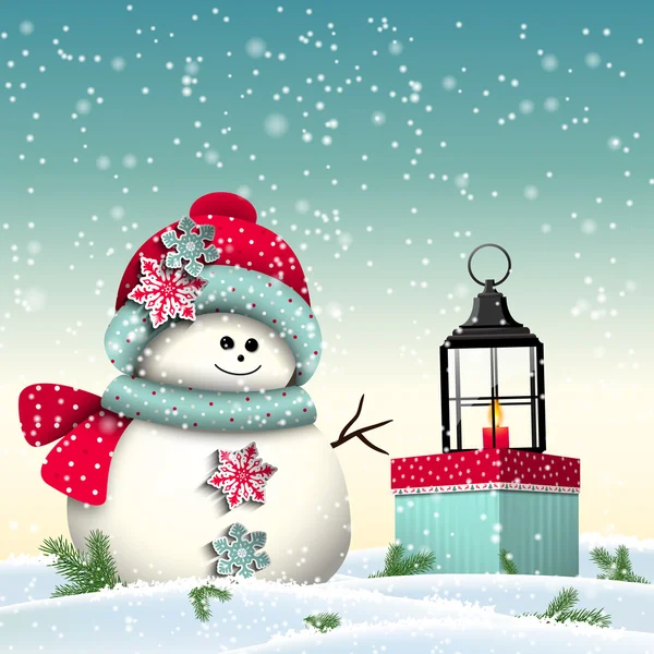 Carino pupazzo di neve con presente colorato e lanterna vintage, illustrazione — Vettoriale Stock