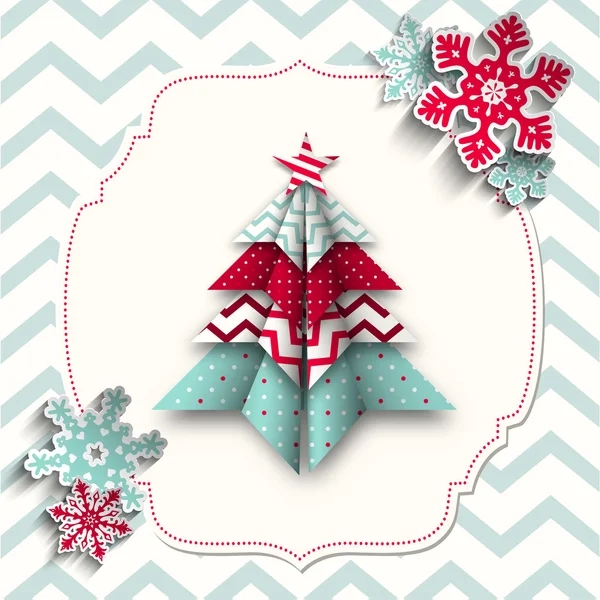 Árbol de origami colorido con copos de nieve, ilustración abstracta de Navidad — Archivo Imágenes Vectoriales