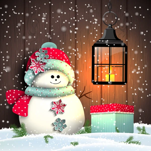 Bonhomme de neige mignon avec cadeau coloré et lanterne vintage, illustration — Image vectorielle