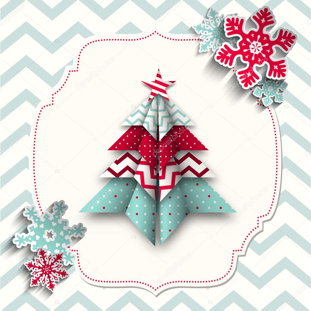 colorful origami tree with snowflakes, abstract christmas illustration