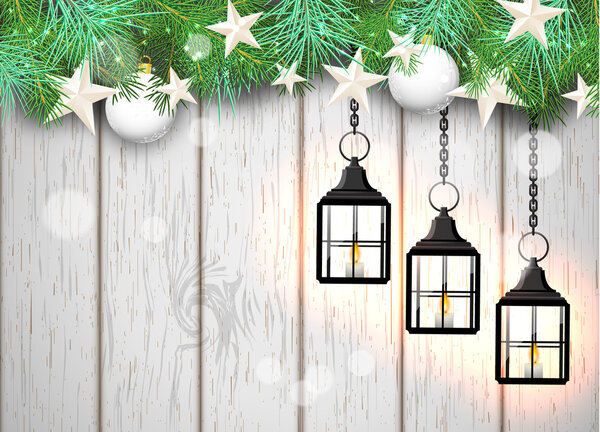 Tema de Navidad con linternas negras sobre fondo de madera blanca, ilustración — Vector de stock