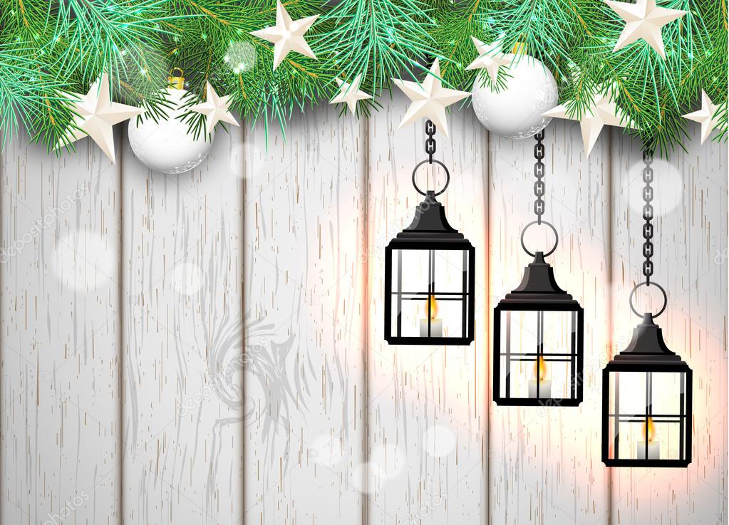 christmas theme with black lanterns on white wooden background, illustration