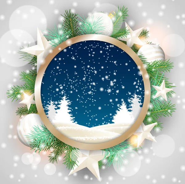 Motif de Noël, paysage d'hiver abstrait dans un cadre décoratif arrondi, illustration — Image vectorielle
