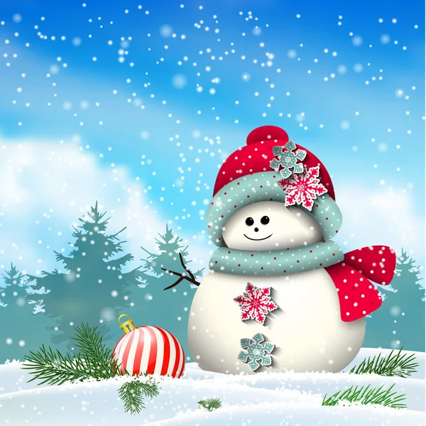 Cute snowman in snowy winter landscape, illustration — Stock Vector