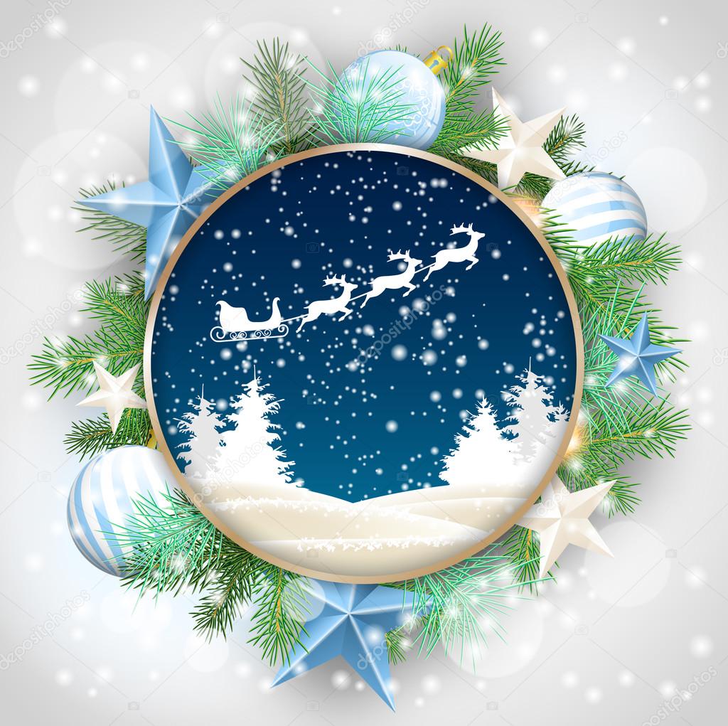christmas motive, abstract winter landscape and santas sleigh in rounded decorative frame, illustration