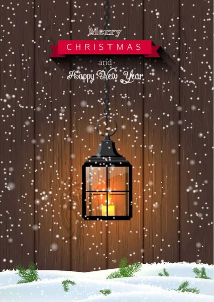 Tarjeta de felicitación de Navidad con linterna brillante negro viejo sobre fondo de madera oscura, ilustración — Vector de stock