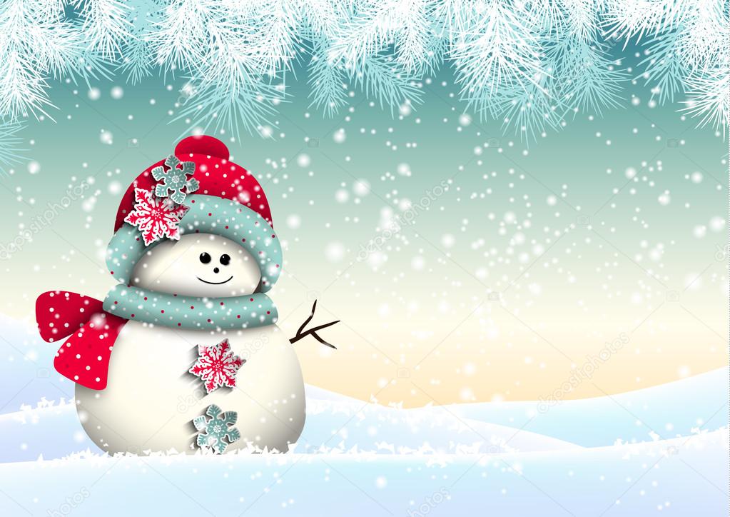 Cute snowman with in winter landscape, illustration