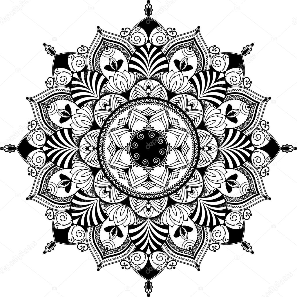 mandala, zentangle inspired illustration, black and white
